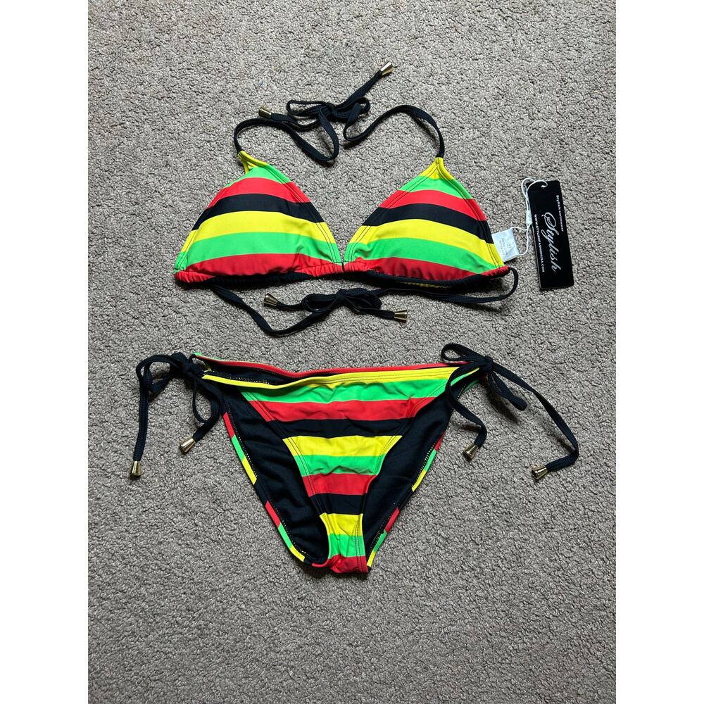NWT Women’s Medium Stylish Swimwear Red Yellow Green Black Striped Bikini